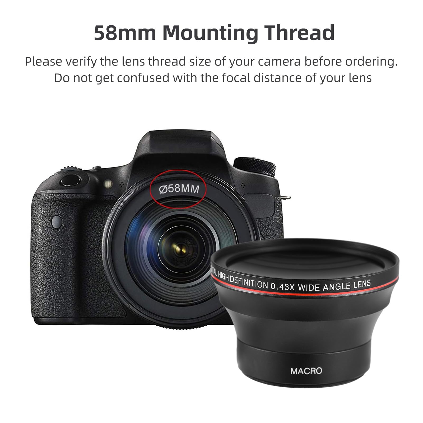 58-mm-Kameraobjektiv-Set mit 0,43 X Weitwinkelobjektiv + Makroobjektiv, Ersatz für Canon EOS 70D/77D/80D/1100D/700D/650D/600D/550D/300D/100D, Canon Rebel T7/T7i/T6i/ T6s/T6/SL2/SL3