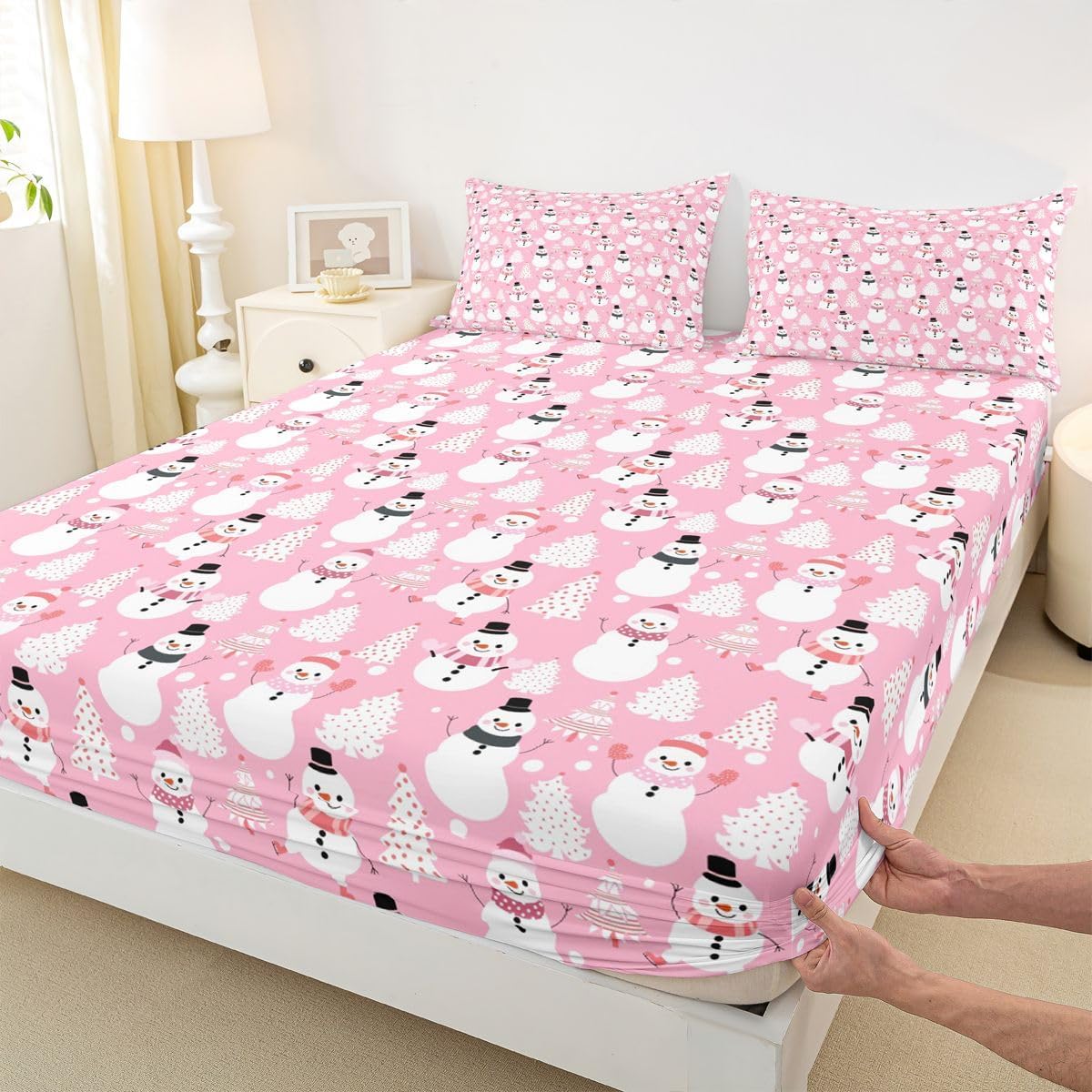 Erosebridal Kawaii Fitted Sheet Twin Cute Cartoon Snowman Sheet Set for Kids Child Girls Pastel Pink Merry Christmas Tree Bed Sheets Snowflake Bed Cover Xmas Decorations image 3
