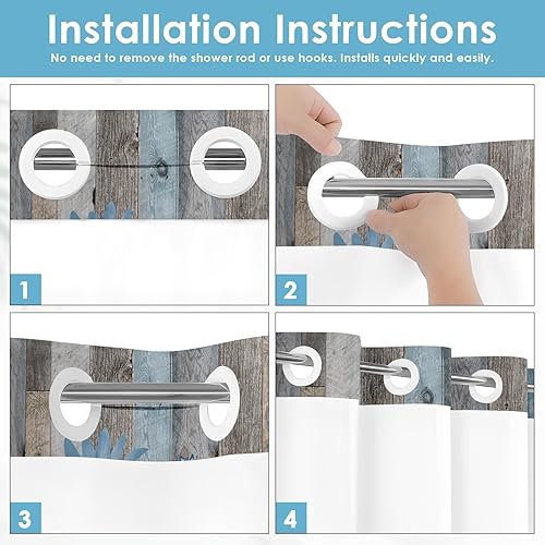 Miniatura 5 de Juego de cortina de ducha rústica sin gancho con forro de tela a presión, flores de margarita azul y mariposa en doble capa de madera, impermeable,