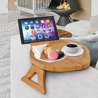 NewFree Bamboo Sofa Arm Tray Table, Tray Sofa Table for Wide Couches, Sofa Table with Rotating Phone Holder, Portable Stable Couch Armrest Sofa Tray, Folding Coffee Table for Eating and Drinking