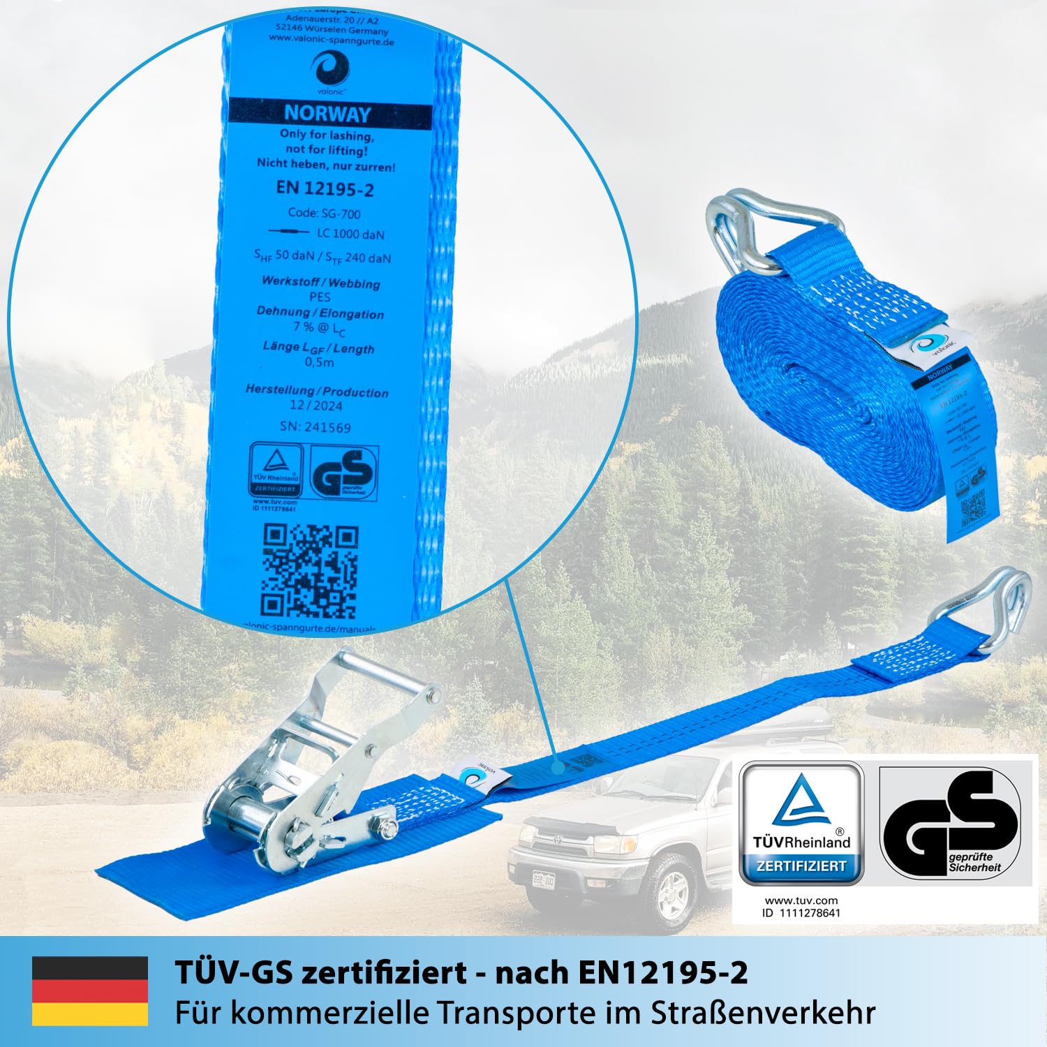 valonic Norway - 4X 6m Spanngurte mit Haken, Blaue Fahne, 35mm, 1000/2000 Kg - mit Polsterung, TÜV Rheinl. / GS, DIN EN 12195-2, zweiteilig - Transport Gurt mit Ratsche für LKW, Anhänger, blau