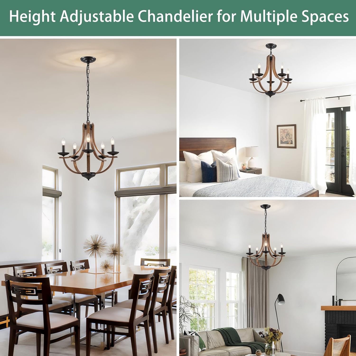 Rustic Chandelier 5-Light Candle Ceiling Lighting Fixtures 21 Inches Height Adjustable Hanging Light, Perfect for Dining Room, Kitchen Island, Bedroom and Living Room