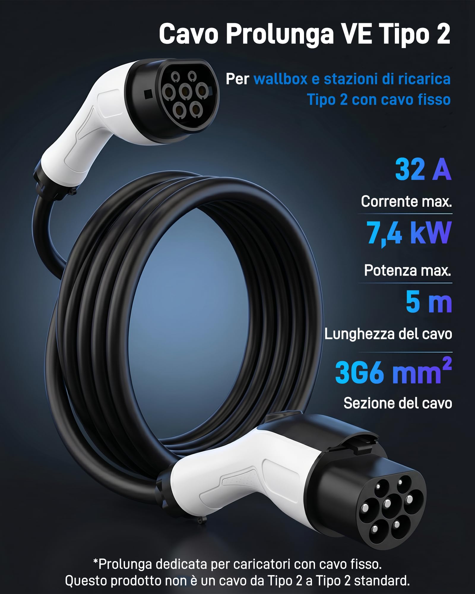 Cavo Prolunga Tipo 2 (32 A, 7,4 kW, 5 Metri, Monofase) | Cavo di Estensione Compatibile con Caricatori per Auto Elettriche, Stazioni di Ricarica e Wallbox per EV/PHEV