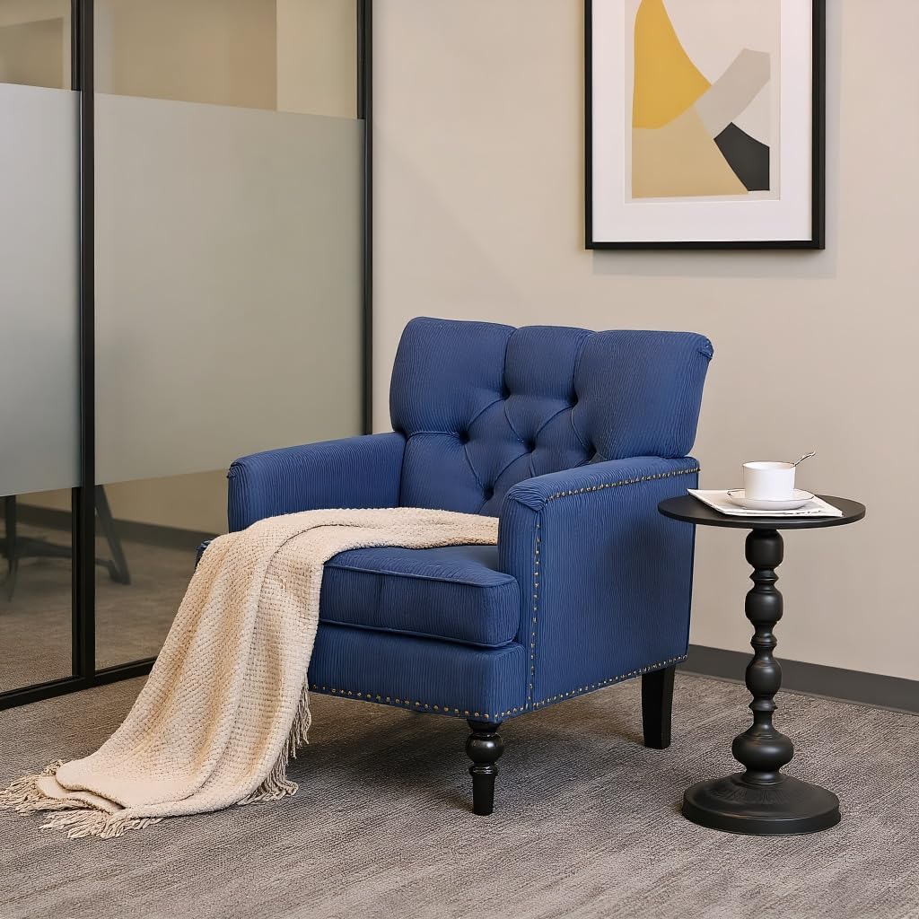 Tufted Club Chair, Accent Chair Upholstered Button Armchair with Lumbar Pillow, Linen Fabric Sofa Chairs for Bedroom Living Room, Mid Century Modern Reading Chair with Studded, Blue