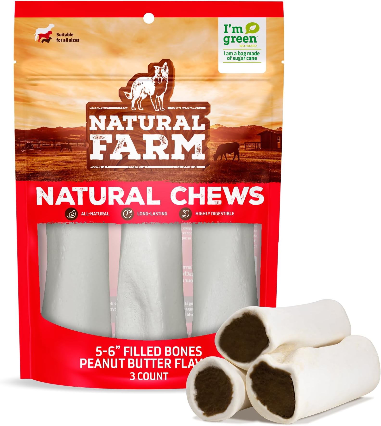 Natural Farm Peanut Butter Flavor Filled Dog Bones (5-6 Inch, 3 Pack), Limited Ingredient Stuffed Dental Dog Bone Treats for Small, Medium and Large Dogs
