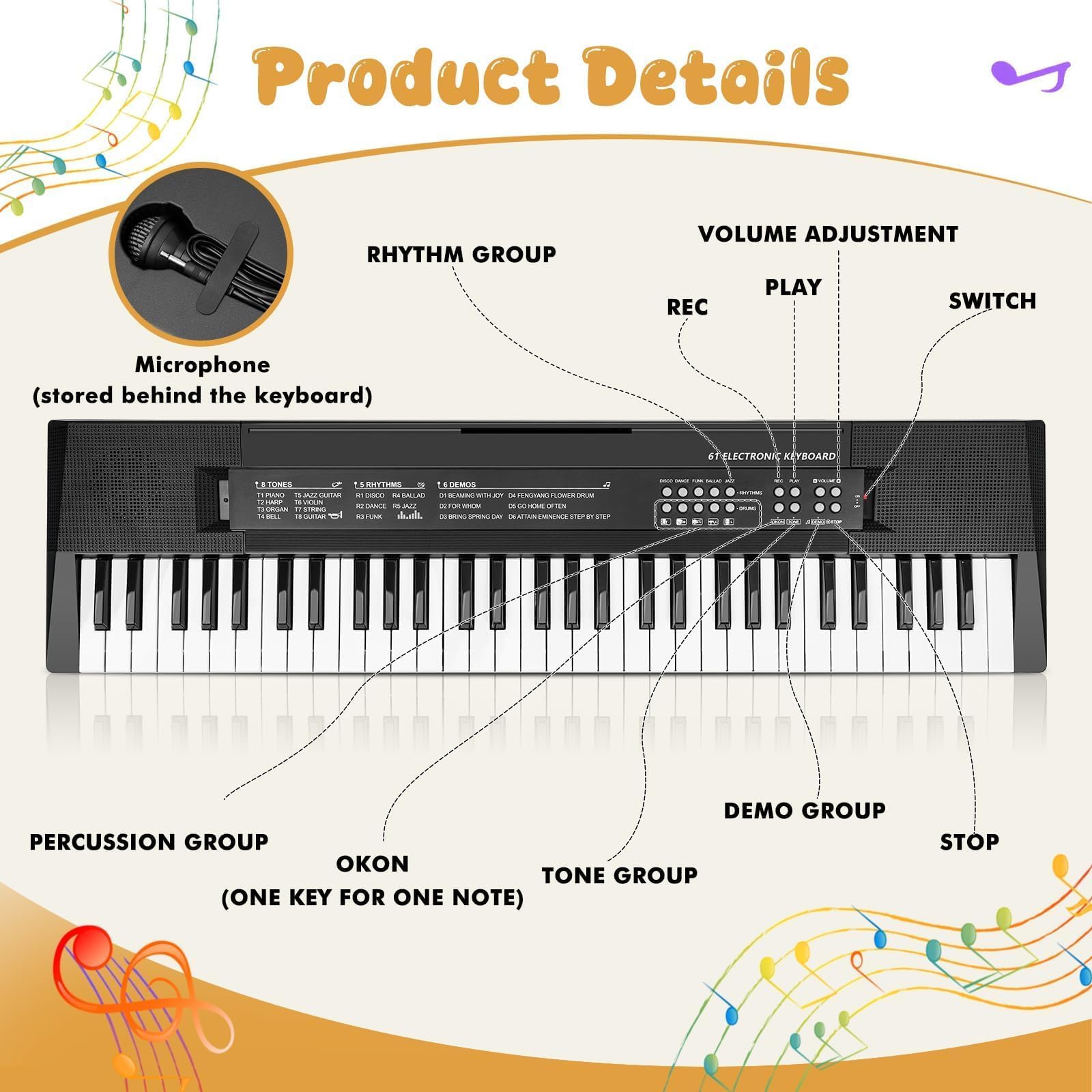 61 Teclas Piano Teclado Infantil con Micrófono - Juguetes Teclados Electrónicos para Edades Musical Regalos para Niños y Niñas de 3 4 5 6 7 Años, Negro