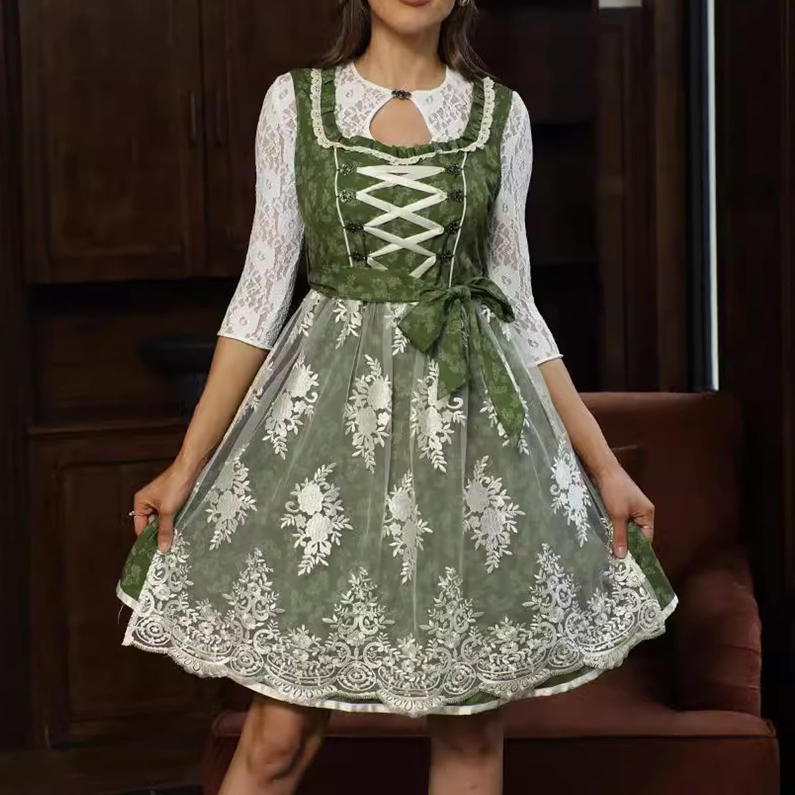 Dirndl Damen Midi Dirndl Schürze Dirndlkleid Trachten Oktoberfest Outfit 2 Teilig Eckigem Ausschnitt Blumenmuster Trachtenkleid Trachtenrock Trachtenmode Bayerischer Dirndlkleid Wiesn Outfit