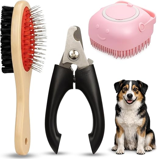 Emily Pets 3-in-1 Pet Grooming Kit for Dogs &amp; Cats – Double-Sided Brush, Pet Nail Clipper &amp; Silicone Bath Brush for Cleani...