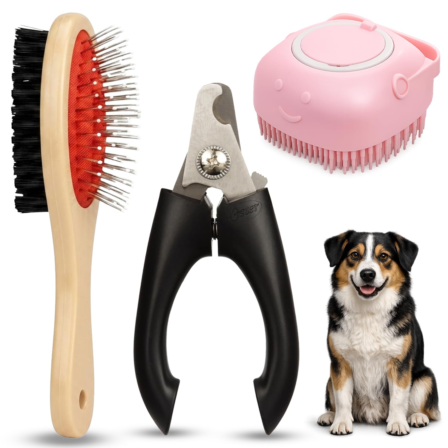 Emily Pets 3-in-1 Pet Grooming Kit for Dogs & Cats – Double-Sided Brush, Pet Nail Clipper & Silicone Bath Brush for Cleani...