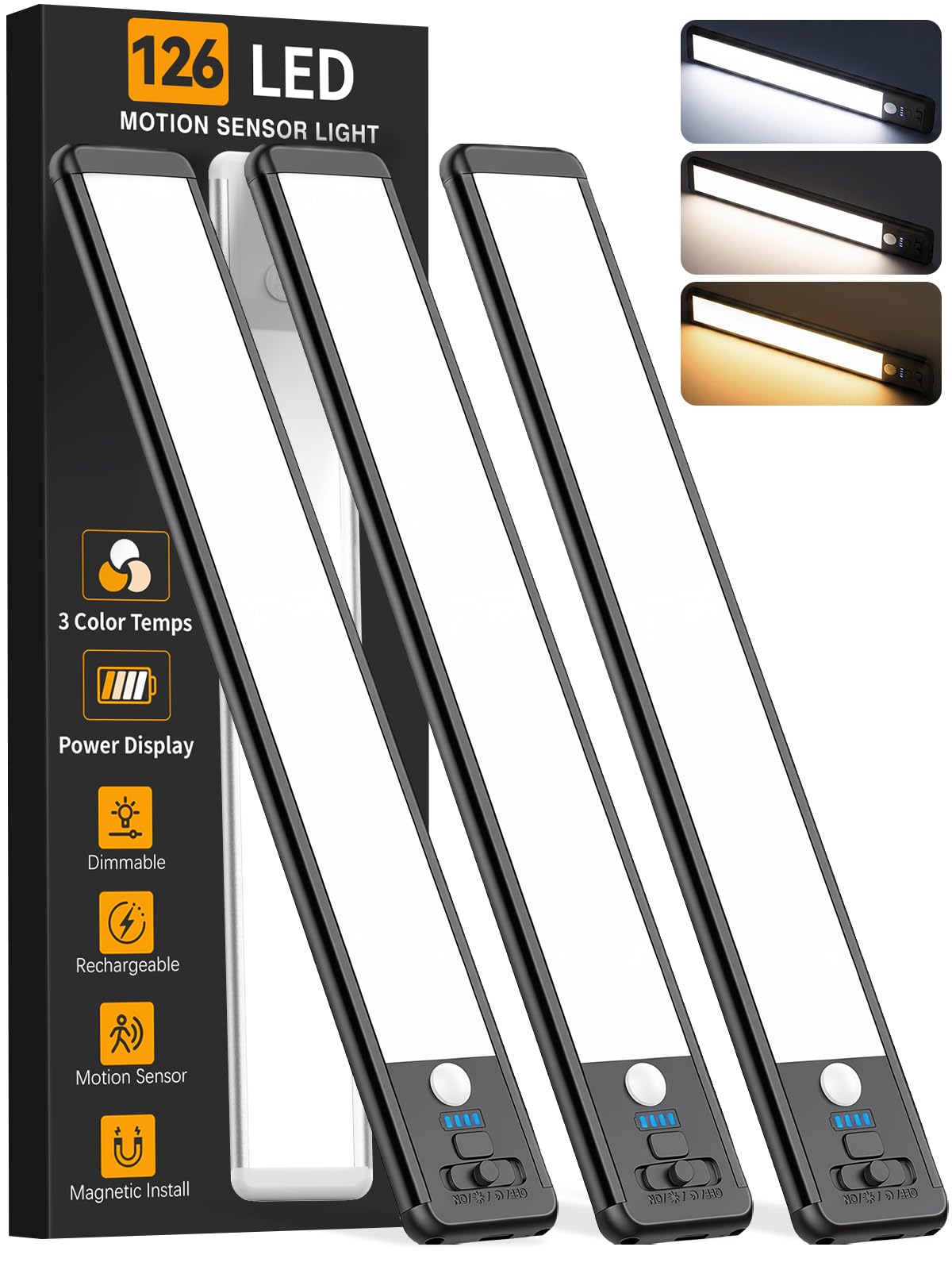 Under Cabinet Lighting Wireless, 15inch Motion Sensor Light, 3Pack-Black | Rechargeable, 3 Color Temps, Dimmable, Power Display, LED Closet Light Magnetic, Under Counter Lights for Kitchen Shelf Home
