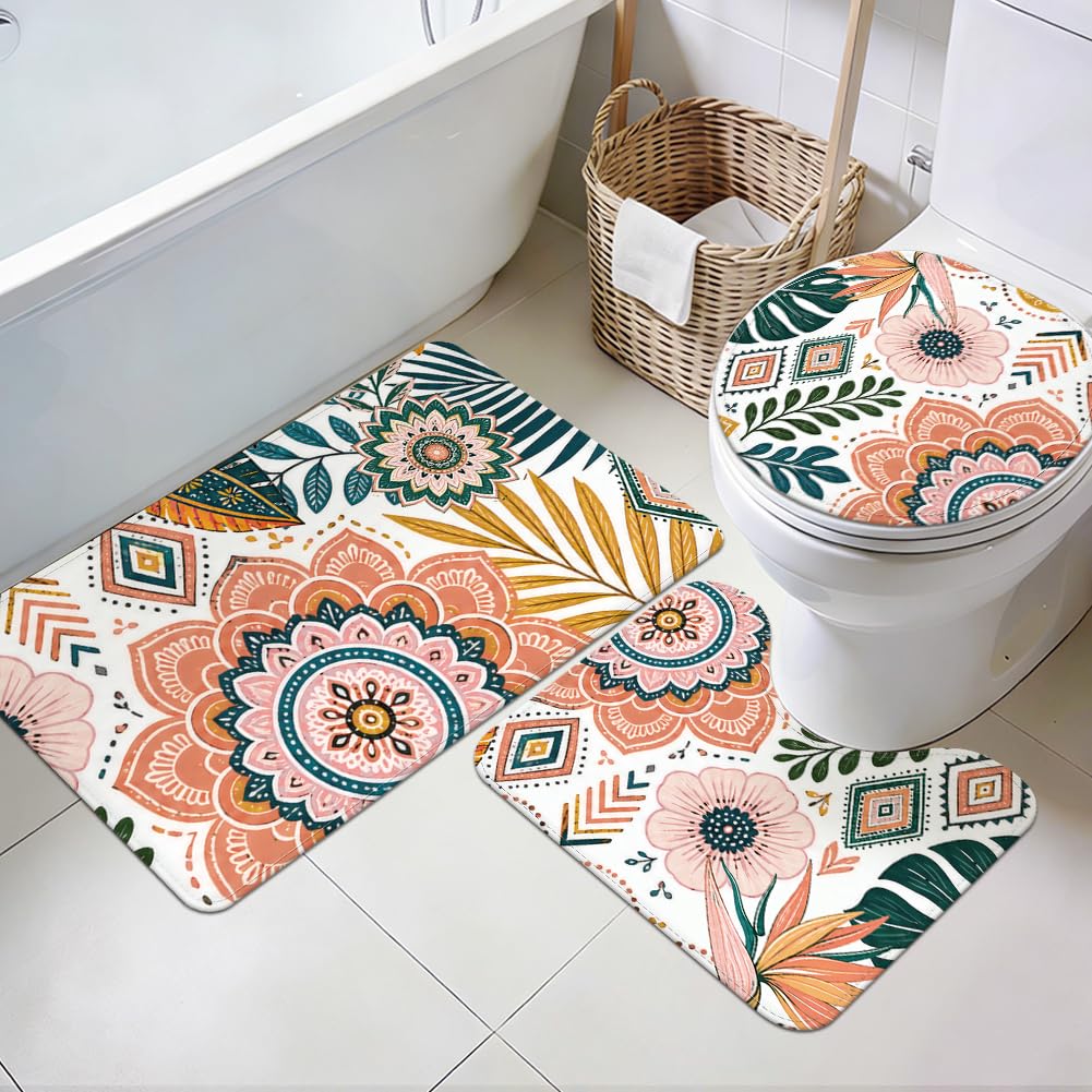 Set di 3 tappeti da bagno floreali bohémien, antiscivolo, decorazione per il bagno, a forma di U, per camera da letto, pavimento, cucina, vasca da bagno, decorazione per la casa