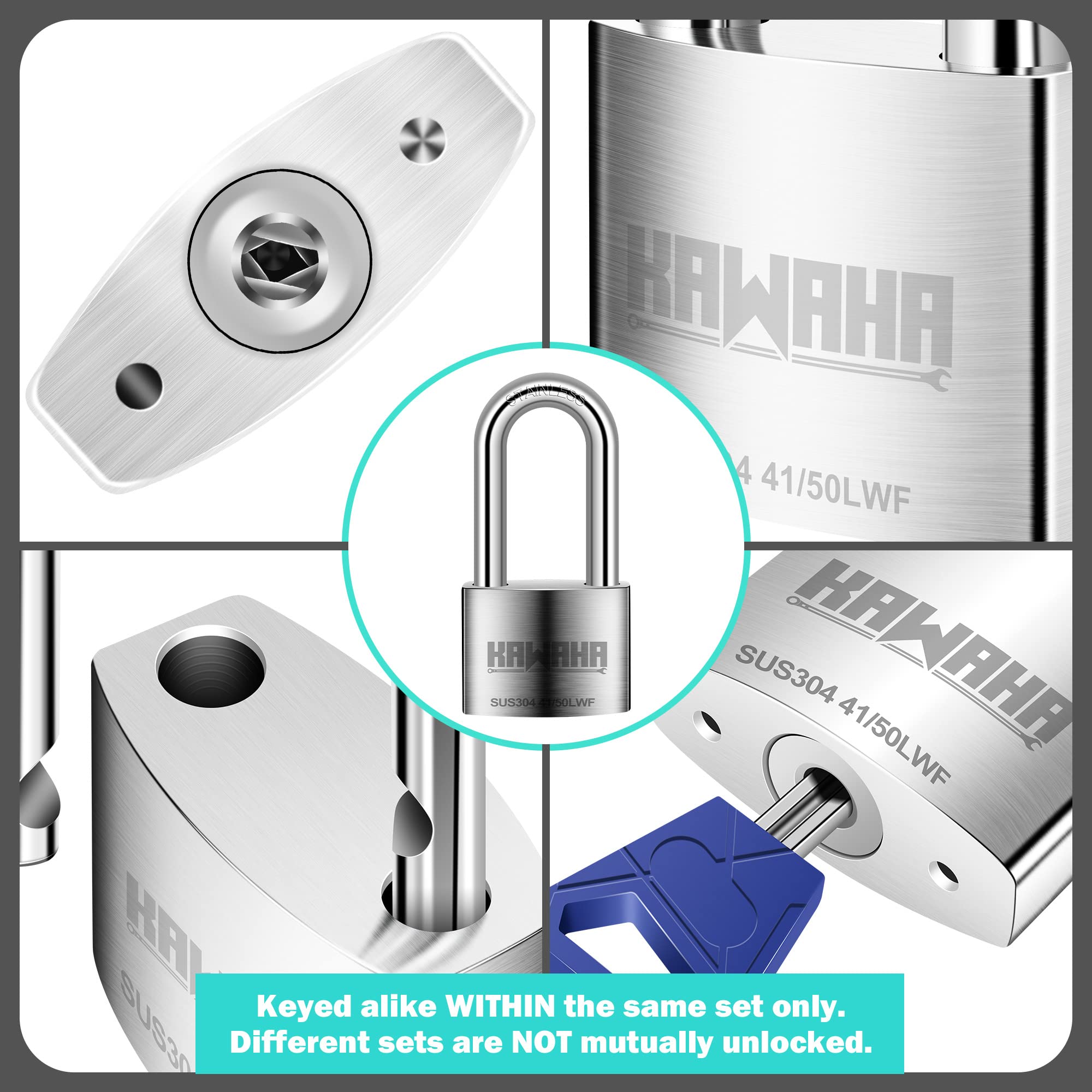 KAWAHA 41/50L-2PS 2 inch (50mm) Long Shackle High Security Stainless Steel Padlock with Stainless Steel Key for Both Indoor and Outdoor use (Heavy Duty - Image 2