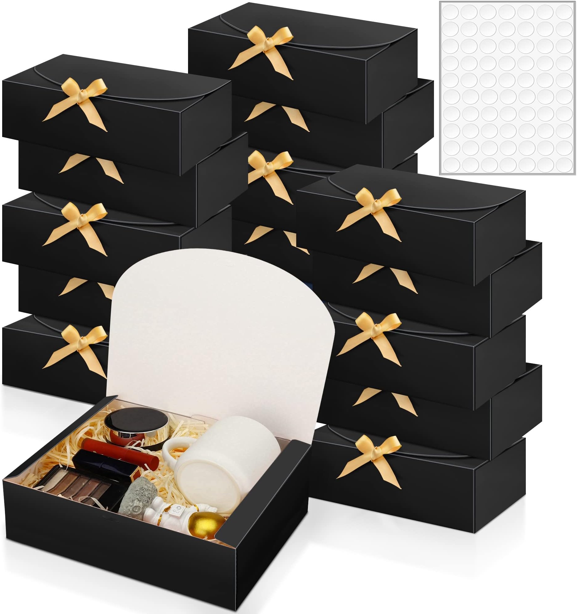 SWANGSA16Pcs Gift Boxes with Lids, 10.6''x7.8''x3.1'' Black Kraft Paper Gift Box, Bridesmaid Proposal Box with Ribbon and 70pcs Adhesive Dots, for Wedding, Packaging, Present, Birthday, Cupcake Boxes