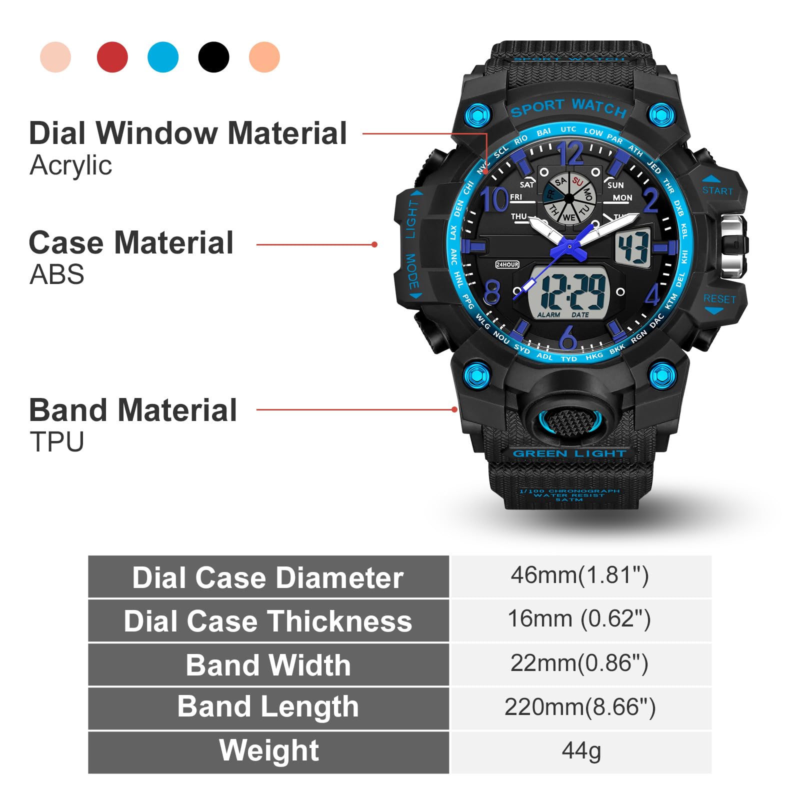 Reloj de pulsera digital deportivo para mujer, resistente al agua, 5 ATM, reloj digital para niños, analógico, digital, deportivo, LED, multifunción, con alarma, fecha, cronómetro, para exteriores