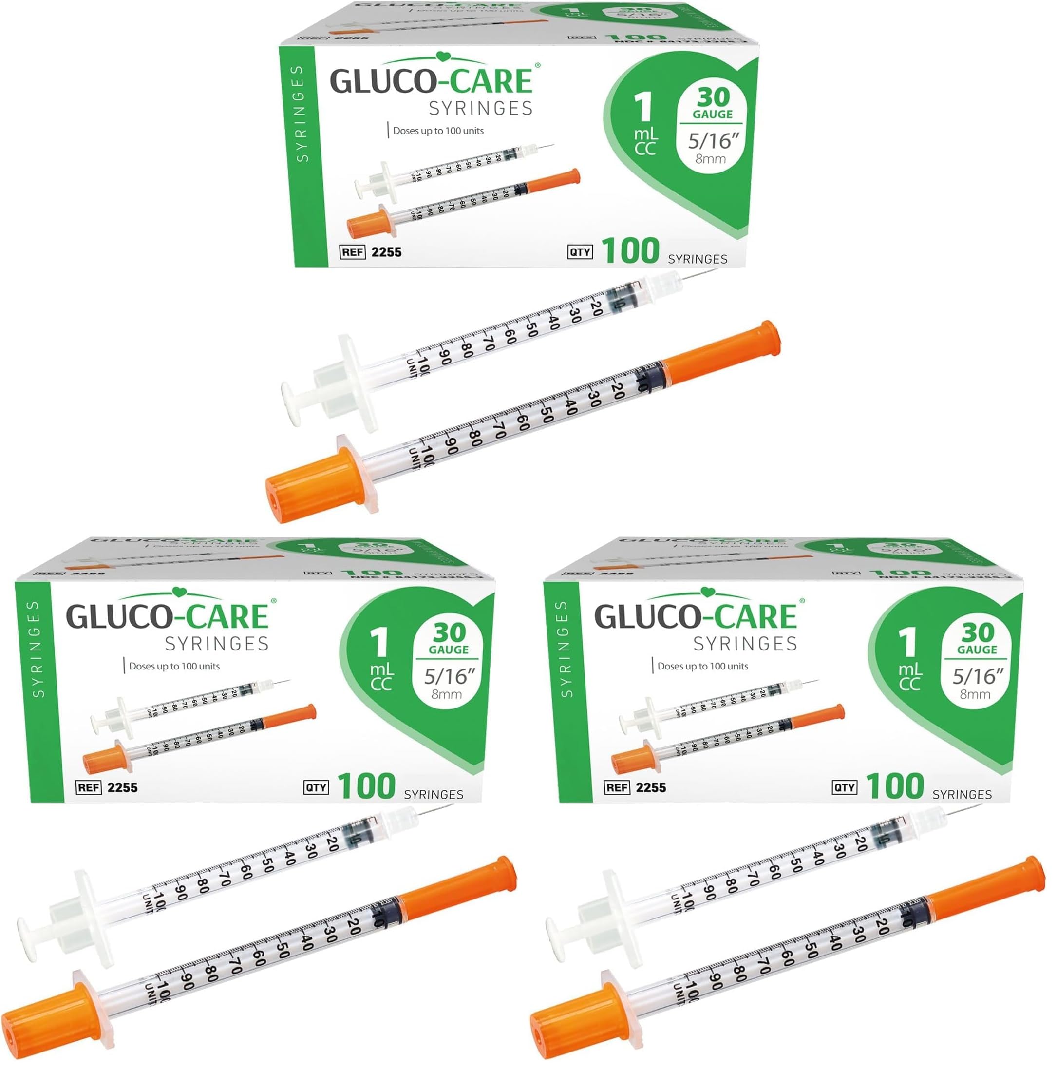 GLUCO-CARE 1 ml/cc Syringes 30G x 5/16’’ (8mm), Orange Cap, 100/box (Pack of 3)