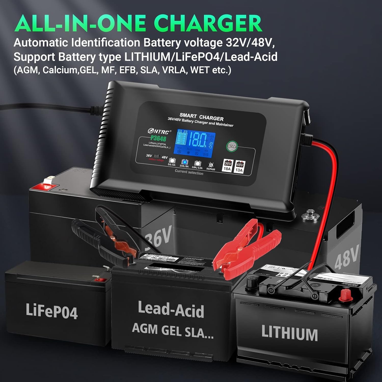 Battery Charger, Smart 0-18A 36V/48V Trickle Charger, Portable Car Battery Charger with 9 Stages of Charging for LiFePO4, Lead-Acid, and Lithium Batteries, with Battery Repair Function