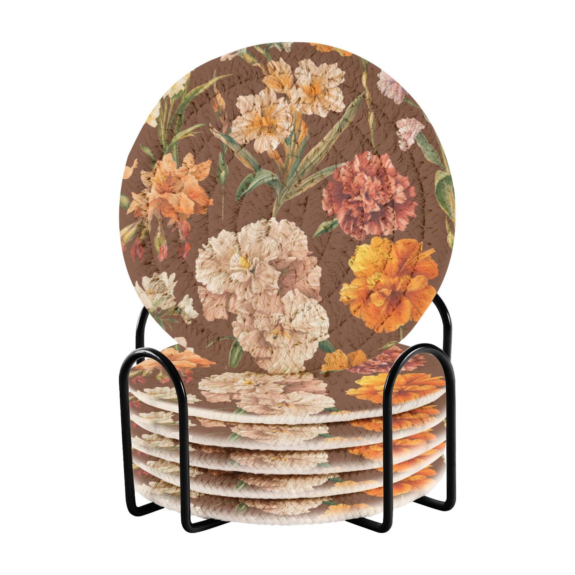 Summer Flowers Carnation Daffodils Brown Cotton Rope Coasters with Holder Set of 6 Absorbant Coasters