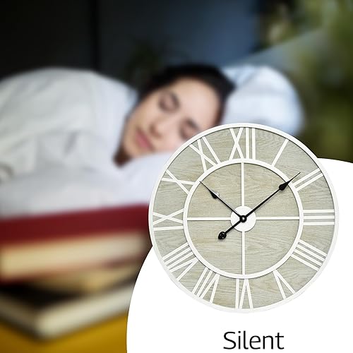 Miniatura 7 de Reloj de pared de madera de 24 pulgadas con marco de metal blanco y números romanos, elegante decoración del hogar, movimiento de cuarzo silencioso,
