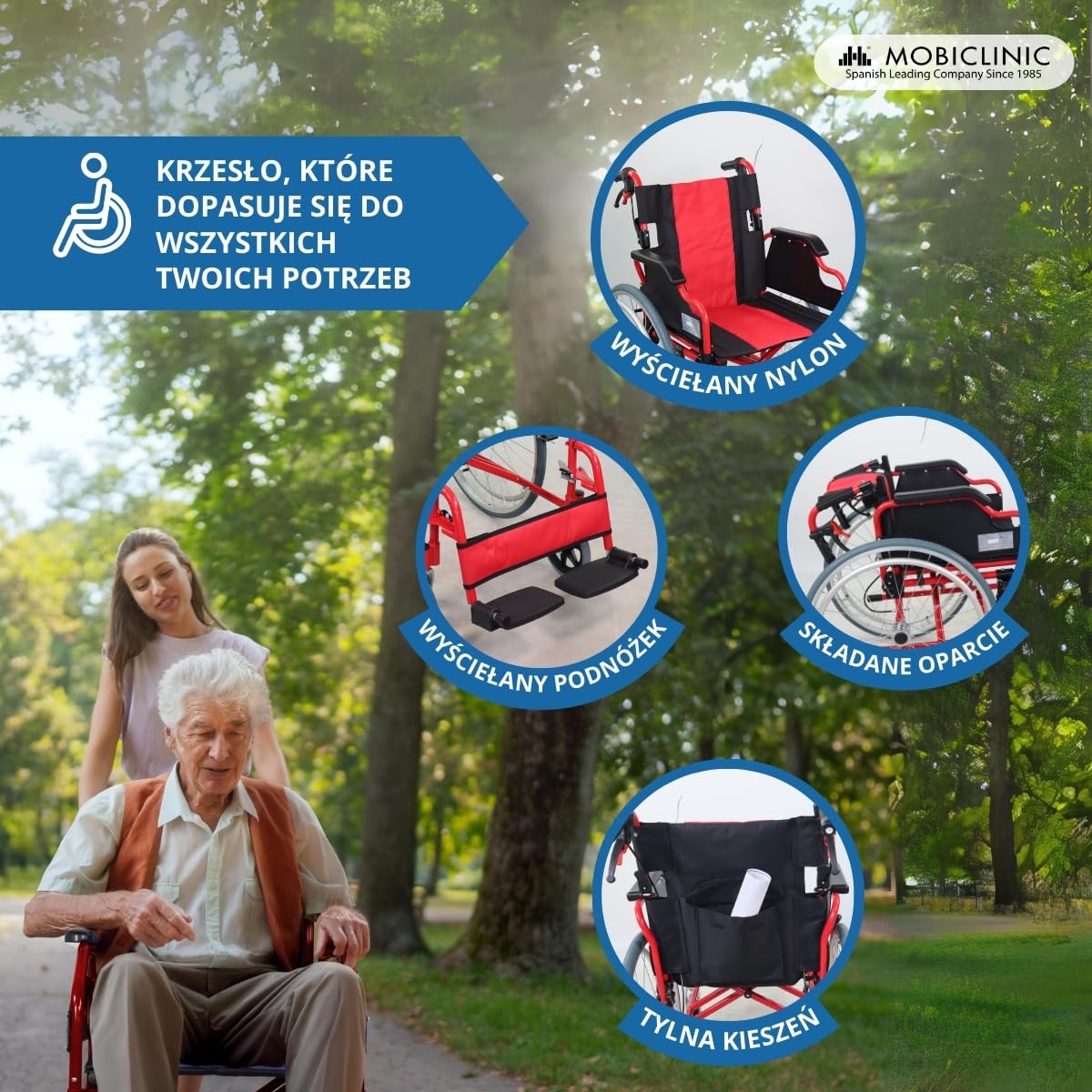 Wózek inwalidzki składany | Aluminiowy | Hamulce na rączkach i kołach | Duże koła | Wieża | Mobiclinic