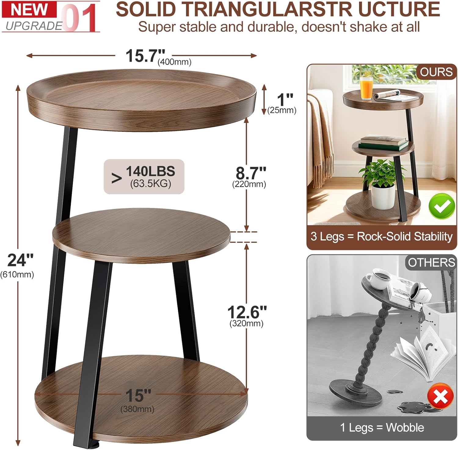 Round Side Table, 3-Tier Tray Top End Table with Storage Shelf, Ultra Stable Coffee End Table/Nightstand, Modern Farmhouse Couch Table for Living Room, Bedroom, Bedside Stand or Small Spaces, Walnut