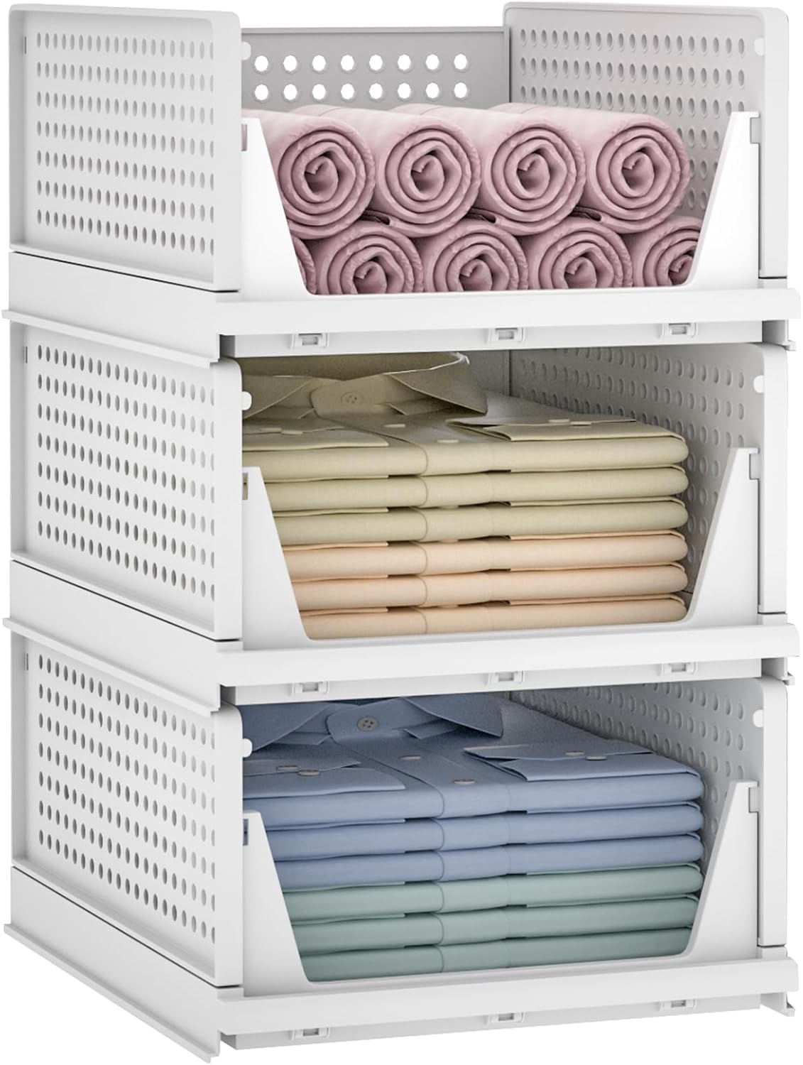 JD FRESHJD FRESH 3 Pieces Foldable Wardrobe Rectangular Organizer for Storage/Adjustable Cupboard Organiser for Clothes/Multipurpose Stackable Rack/Polypropylene Sliding Drawer Basket/Shirt Stacker(White)