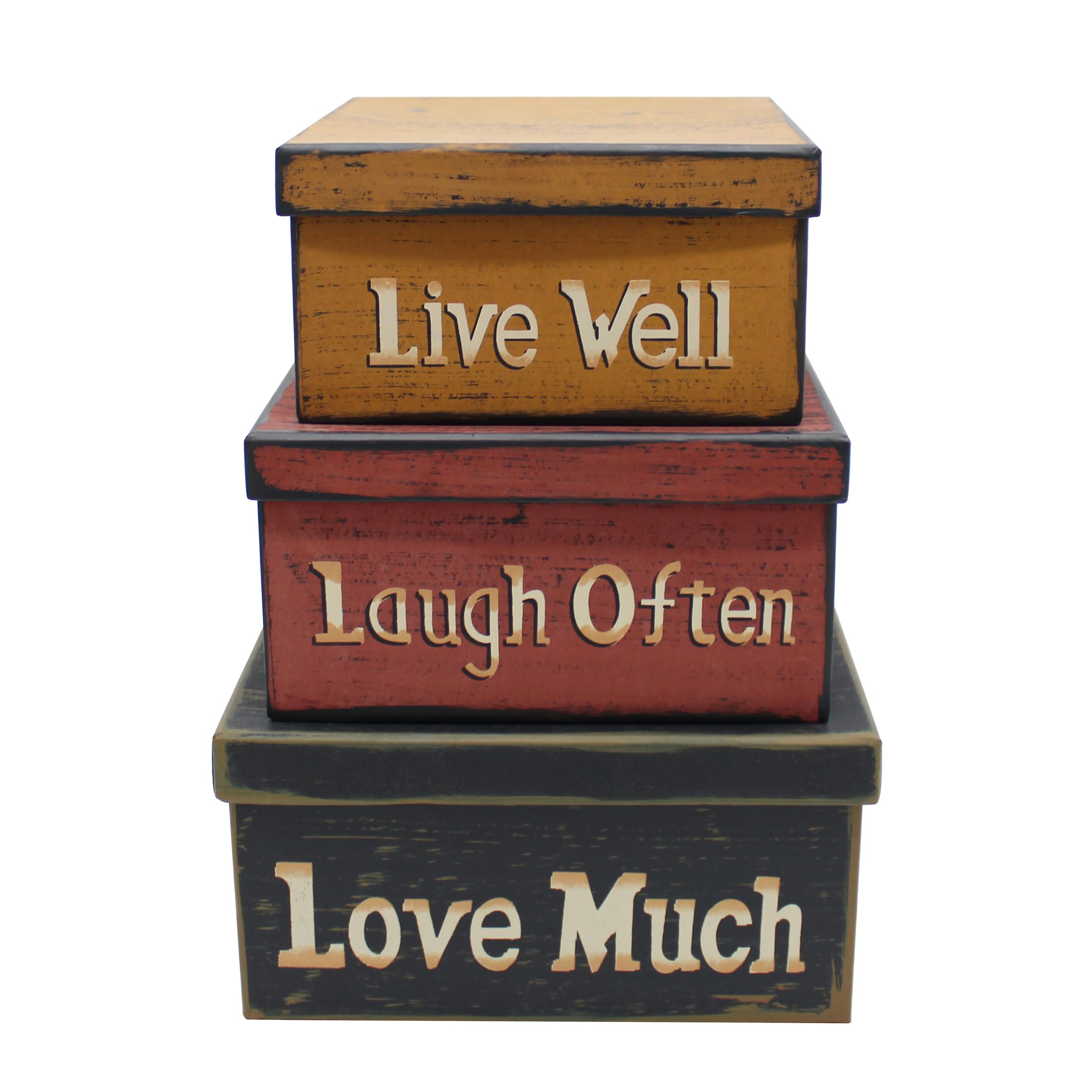 CVHOMEDECO. Primitive Vintage Square “Live Well, Laugh Often, Love Much” Cardboard Nesting Boxes, Large 9 X 9 X 4-1/2 Inch. Set of 3.