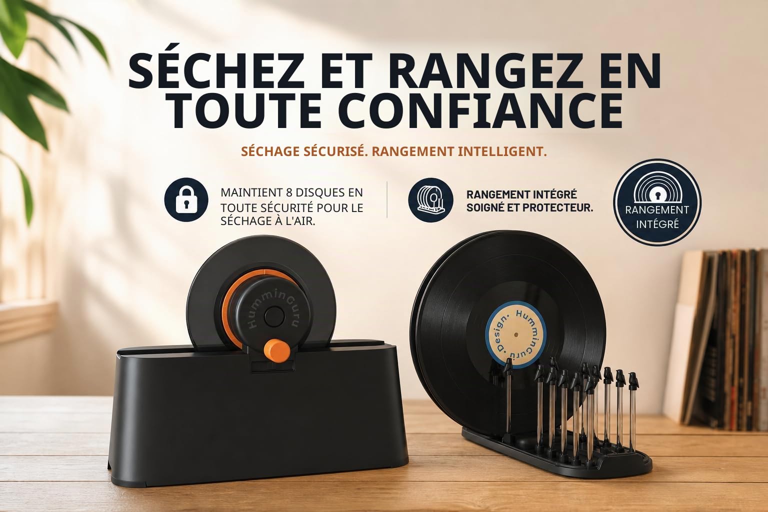 HumminGuru EZ Laveuse de Disques Vinyles Manuelle avec Essorage Facile et Pince à Étiquette Étanche, Kit de Nettoyage de Disques avec Brosses en Poils de Chèvre, Liquide sans Alcool,Étendoir & Chiffon