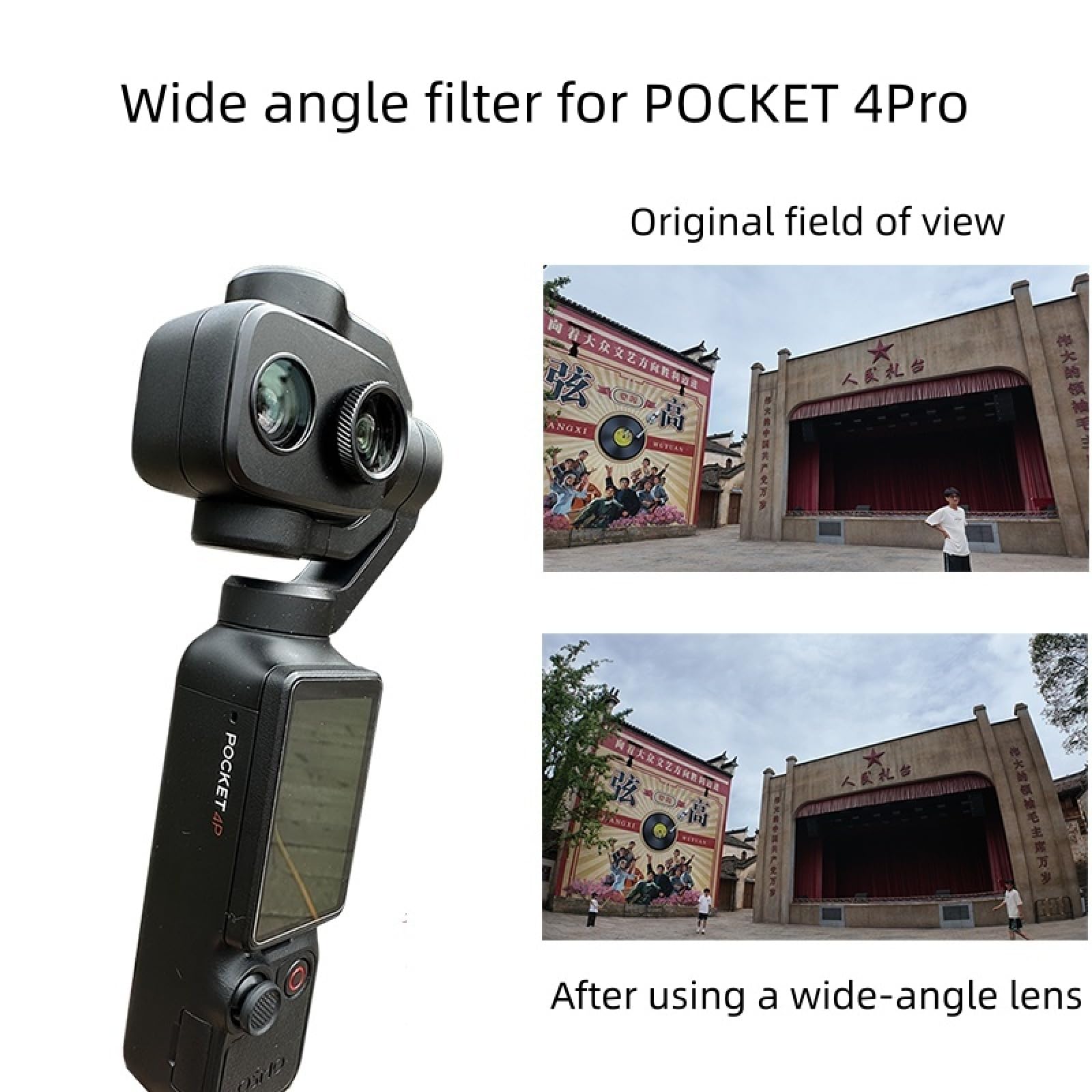 Obiettivo grandangolare per DJI Osmo Pocket 4P. Lente in vetro ottico con montatura in lega di alluminio che amplia il campo visivo del 110%