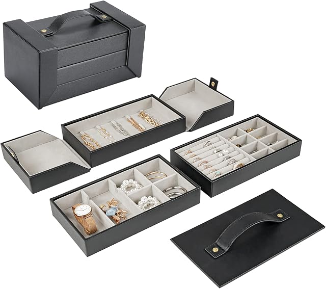 ProCase 3 Layer Jewelry Organizer Box, Compact Leather Jewelry Display Storage Tray Holder Travel Portable Case with Mirror and Handle for Women -Black