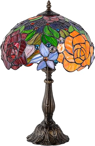 Miniatura 7 de Tiffany Style Stained Glass Table Lamp, Floral Pattern Desk Light with Antique Bronze Resin Base, Red Roses Decorative Lighting for Bedroom, Living