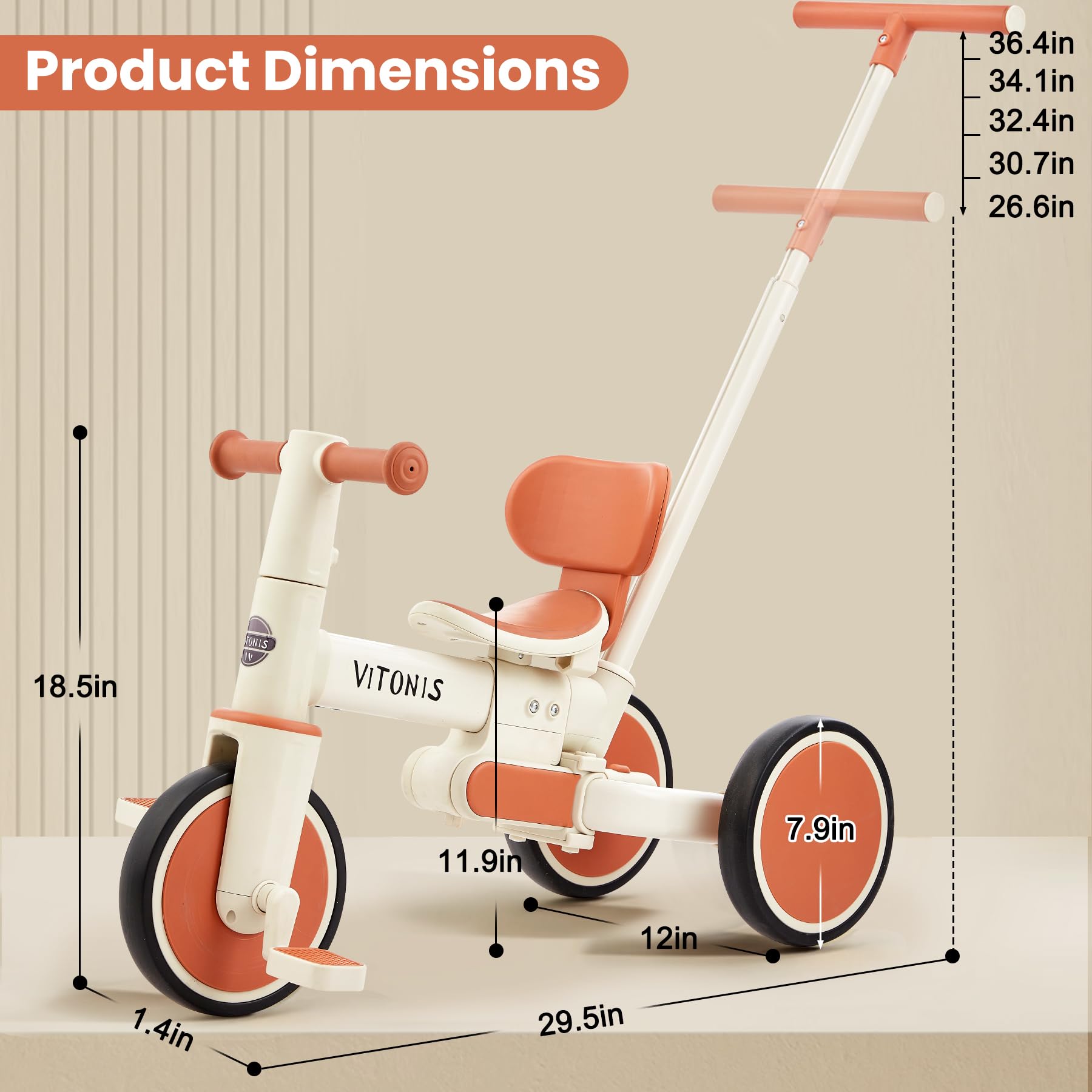laufrad ab 1 Jahr, 5 in 1 Dreirad mit Schubstange für Kinder, Laufrad für Kleinkinder, Geschenk für Jungen und Mädchen, Beige