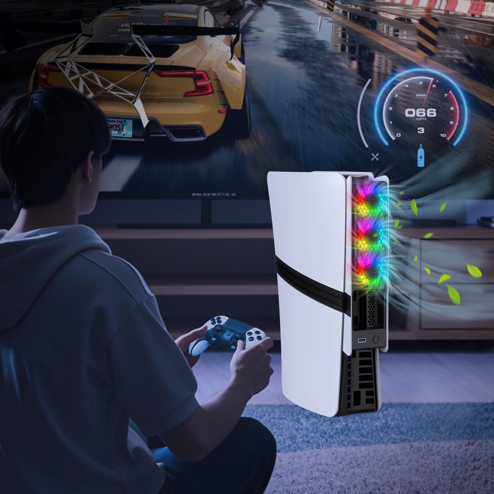 Ventilateur de refroidissement haute vitesse pour console PS5 Pro/Slim - Contrôle automatique de la température, faible bruit, éclairage RVB et port USB 3.0