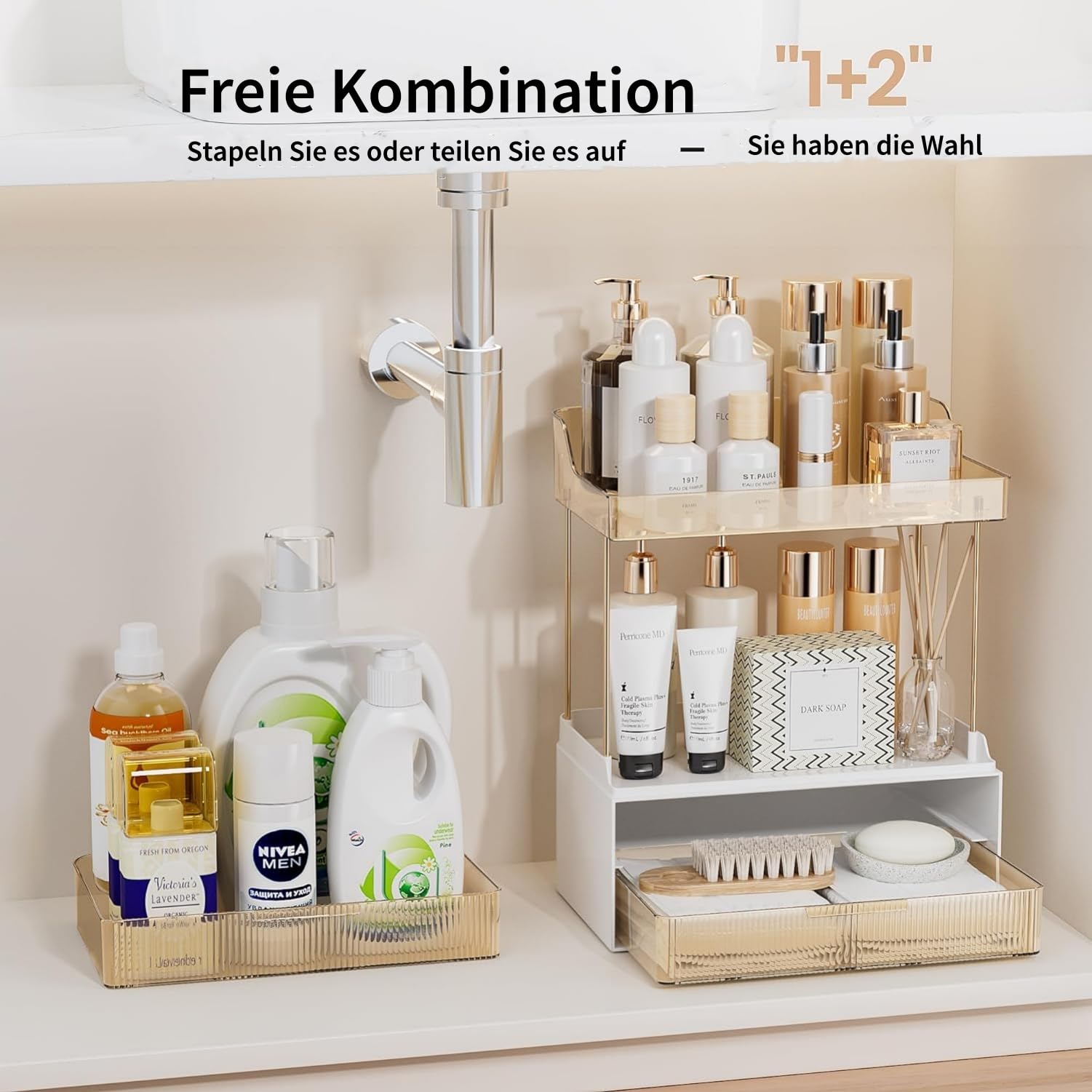Badezimmer-Organizer Mit 2 Schubladen & 2 Ebenen – Großer Aufbewahrungsregal Für Kosmetik & Hautpflege | In Gold