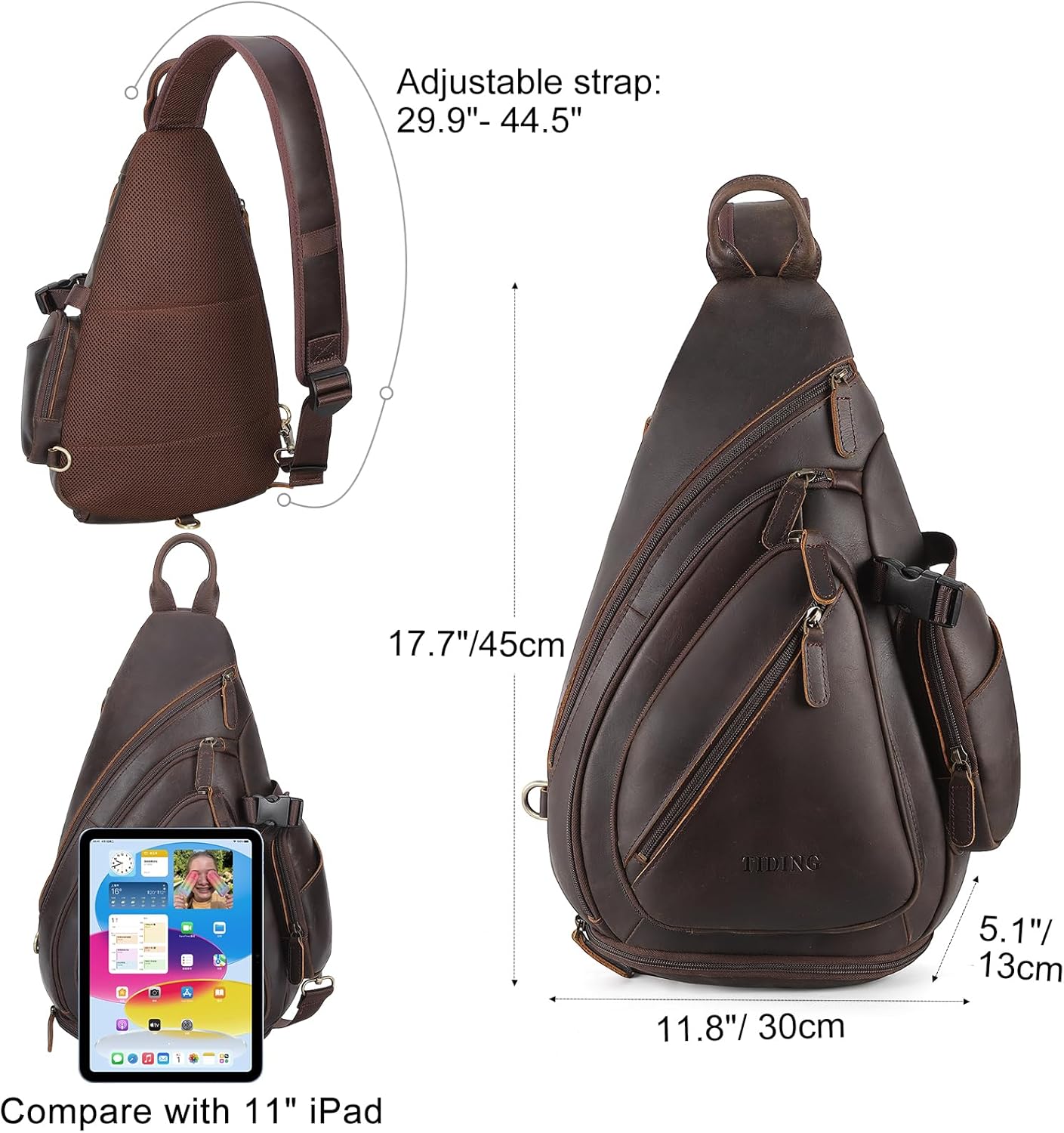 TIDING Full Grain Leather Sling Chest Bag for Men Large Crossbody Shoulder Bag Casual Hiking Daypack Fits 11" Tablet - Image 3