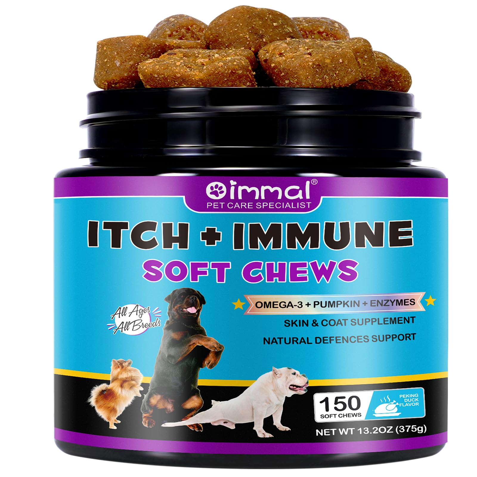 Itch Immunity Treats For Dogs, Itch Relief For Dogs, Dog Allergy Relief Chews For Healthy Skin & Coat, Paws, Supports Seasonal Itching & for All Breeds and Size, Peking Duck Flavor (150 Chews)