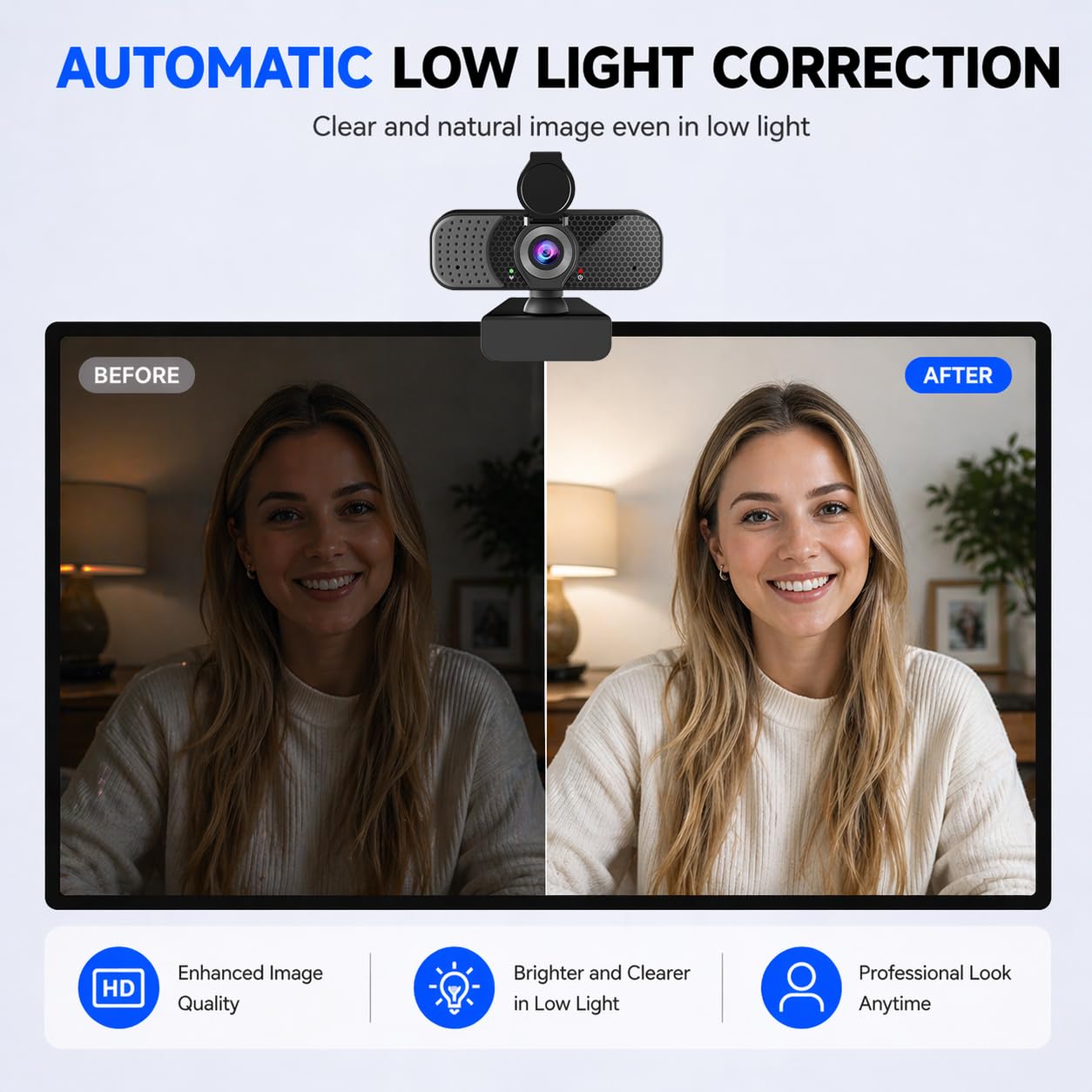 Webcam USB 1080P con doppio microfono e copertura per la privacy, autofocus plug-and-play, grandangolo, luce bassa, clip regolabile e treppiede da 1/4", per Zoom/Teams/Google Meet/OBS su