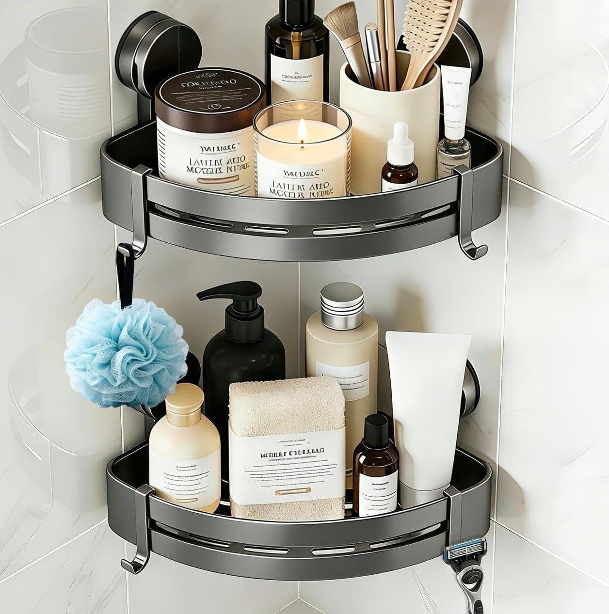 ONXE Shower Caddy Suction Cup,2Pcs Suction Cup Corner Shelf Coner No Drilling Bathroom Shelves Storage Organiser Rack Adhesive with 4 Hooks Wall Mounted (caddy-corner-2pc)