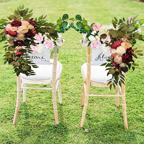 Miniatura 4 de Firlar Kit de flores artificiales para arco de boda, 2 guirnaldas florales decorativas con rosa roja, peonía rosa y hojas de eucalipto, guirnalda de
