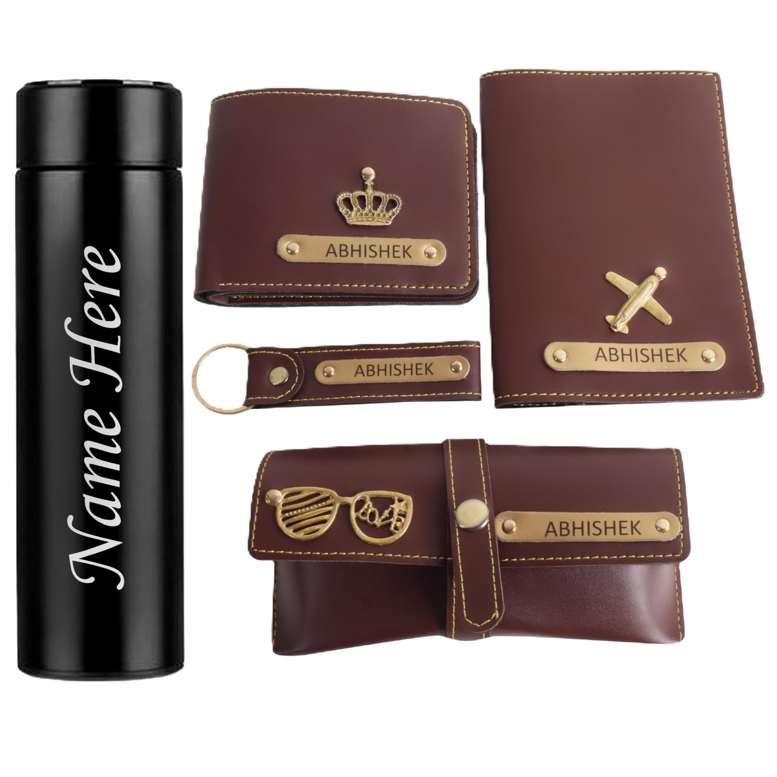 MODEFE Men Gift Combo of 5 - Customized Wallet, Name Key Ring, Passport Cover & Customized Eye Wear Cover with Name and Charm & 1 Hot & Cold Flask Smart Temperature Bottle 500ml (Brown Color)-picture-21