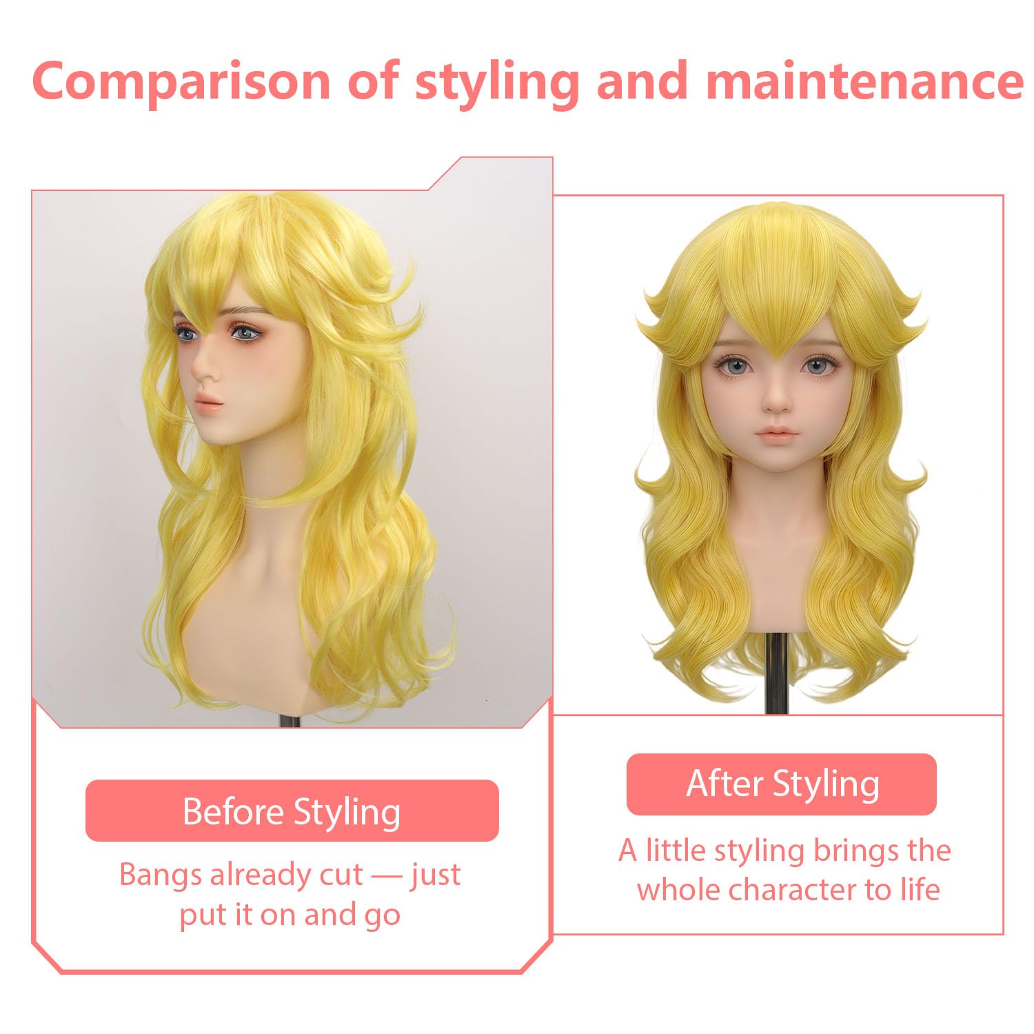 Ruina 7pcs Kids Golden Blonde Princess Wig for Girls Costume Cosplay R065 | Halloween Wig with Crown Wand Necklace Earrings Gloves Wig Cap, Wavy Wig for Halloween Birthday Party, Pre-cut Bangs, Soft
