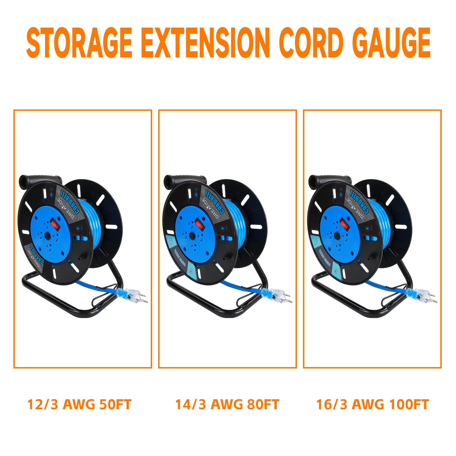 Carrete de almacenamiento de cable de extensión resistente, 4 salidas a tierra, disyuntor de circuito de 10 A, interruptor de alimentación basculante, viento manual retráctil,