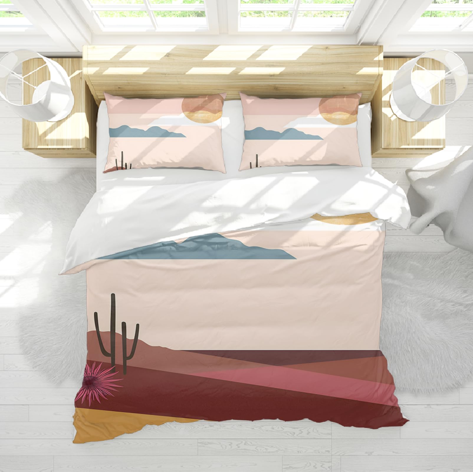 Tropikalne Rośliny Boho Mountain Line Poszwy na kołdry Kaktus Zestawy pościeli Rośliny Pustynne z zamkiem błyskawicznym i 2 poszewkami na poduszki 220x240cm