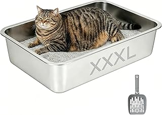 XXL Katzenklo Edelstahl –Gigantische Katzentoilette mit 20cm Hohem Rand, Profi-Metall Katzenklo mit Schaufel, Rostfrei & Antihaftbeschichtet, Mehrkatzenhaushalte & Große Katzen 70x50x15.5cm