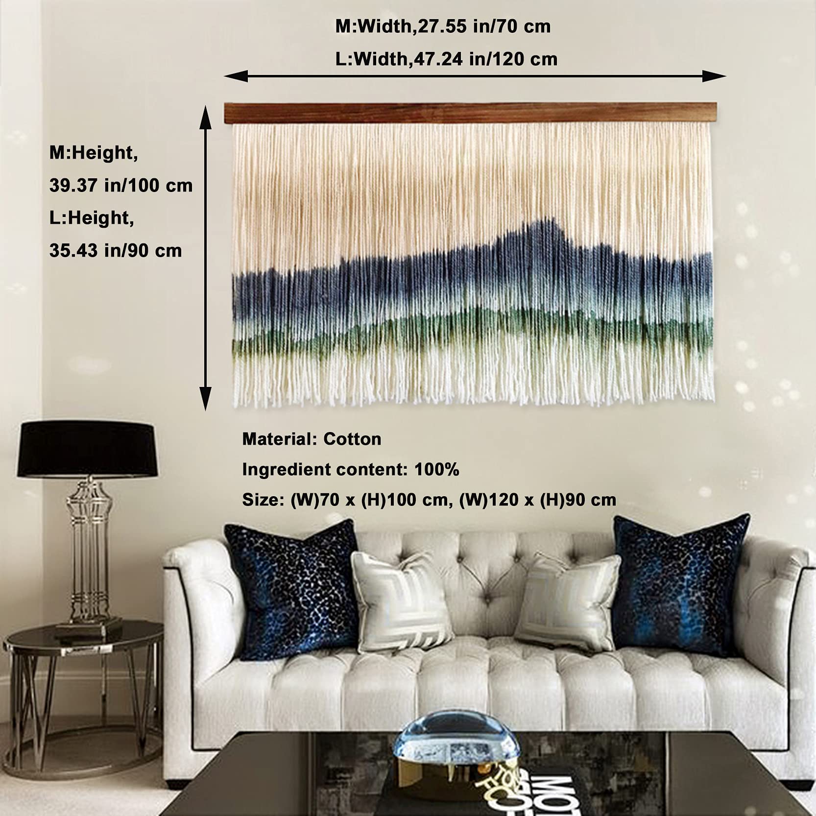 ZNKZJ Makramee Wandbehang Wandteppich Boho Dekor,Handgemachte Dip gefärbte Makramee Wandteppich Kunst Kunsthandwerk,Baumwollseil Textil Wandbehänge Wandteppiche Wohnkultur,A-120x90cm