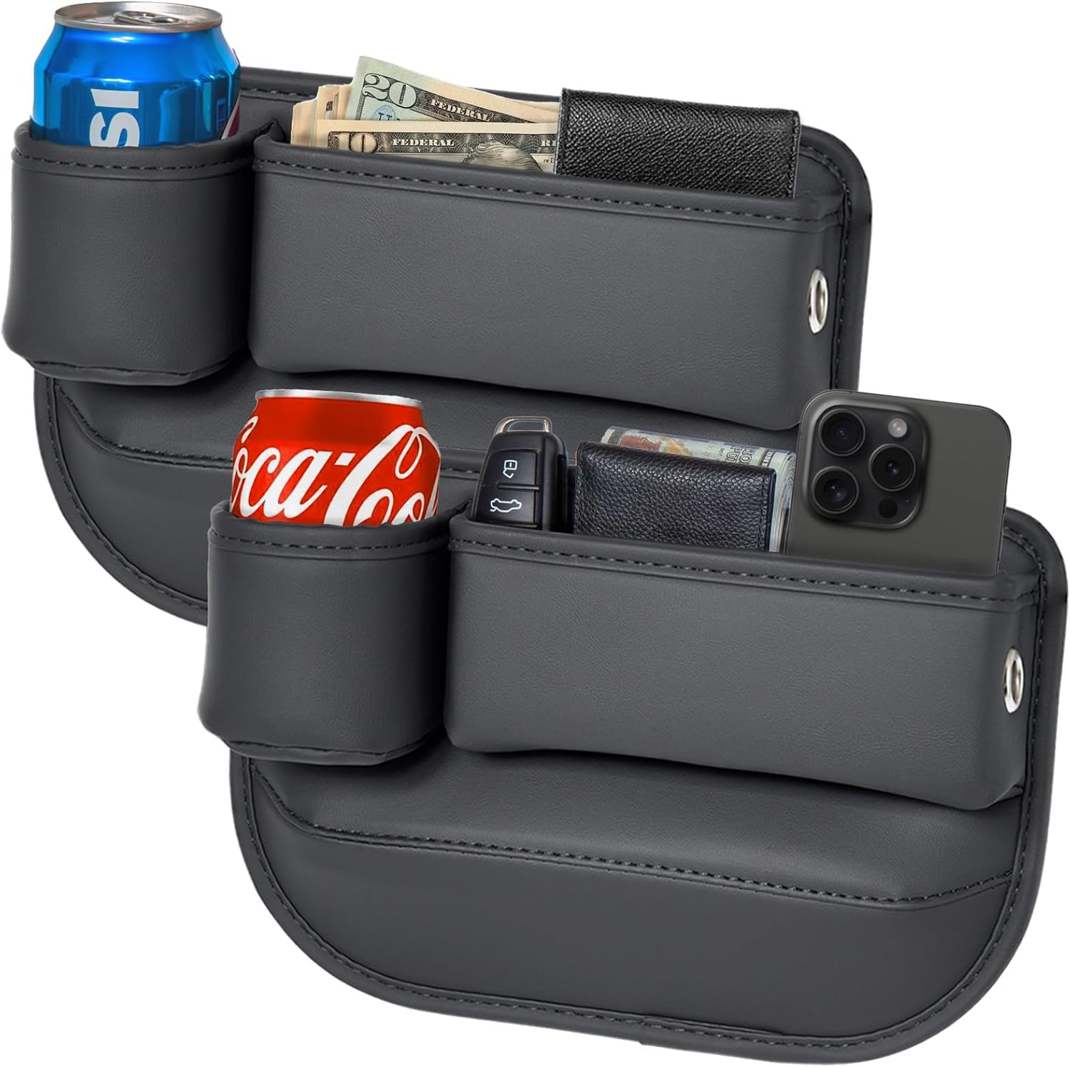 2-Pack Car Seat Gap Filler Organizer with Cup Holder – Premium Leather – Universal Fit – Keeps Cans/Phone/Keys/Wallets Organized(Black)