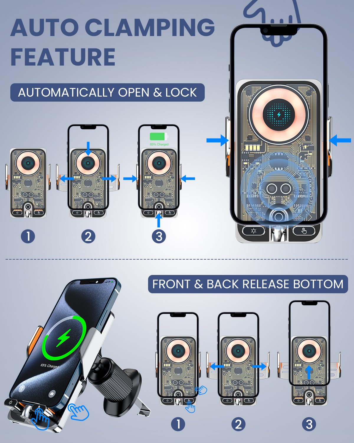 Wireless Car Charger Vent Mount, Car Phone Holder 15W Fast Charging, Auto Clamping Air Vent Phone Mount for iPhone 15/15 Pro/15 Pro Max, Samsung Galaxy (Silver)