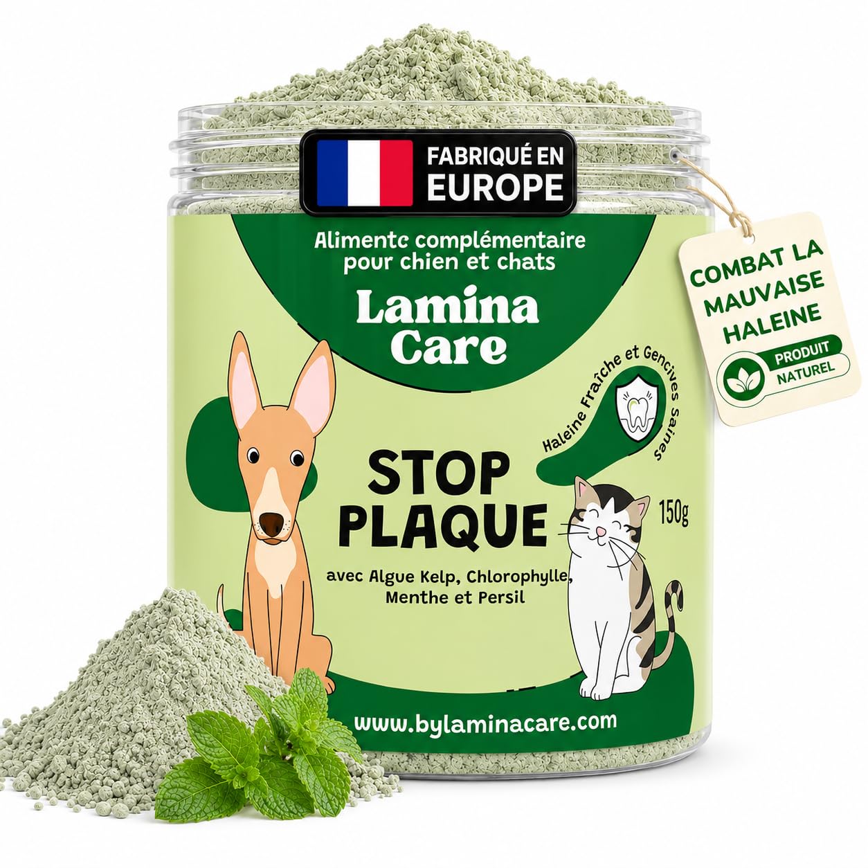 Poudre Anti Mauvaise Haleine Chien et Chat avec Algues Kelp et Chlorophylline, Remède Naturel Anti Tartre Chien et pour Réduire la Plaque Dentaire, Alternative au Dentifrice