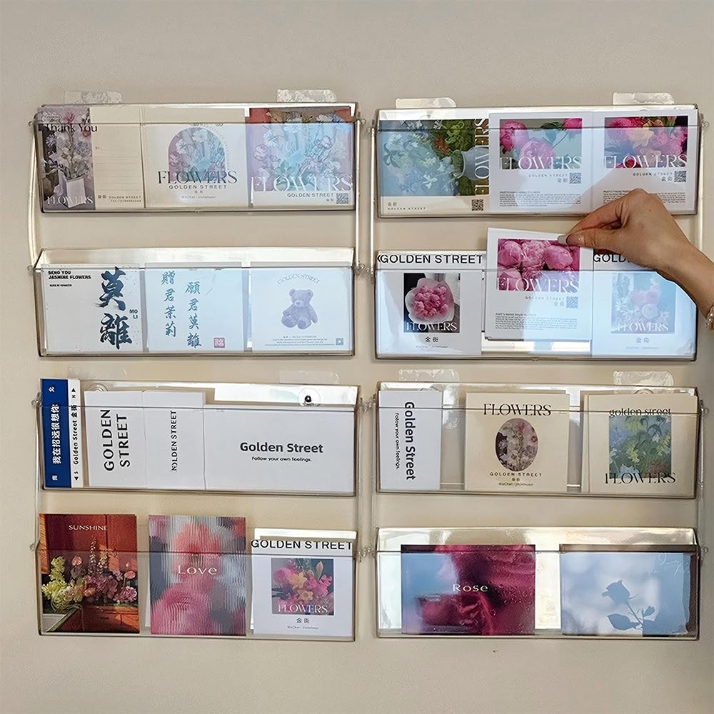 Lot de 4 présentoirs à cartes de vœux, Organisateur de cartes graduées en acrylique transparent à monter au mur pour cartes postales / Brochures / Photos / Images