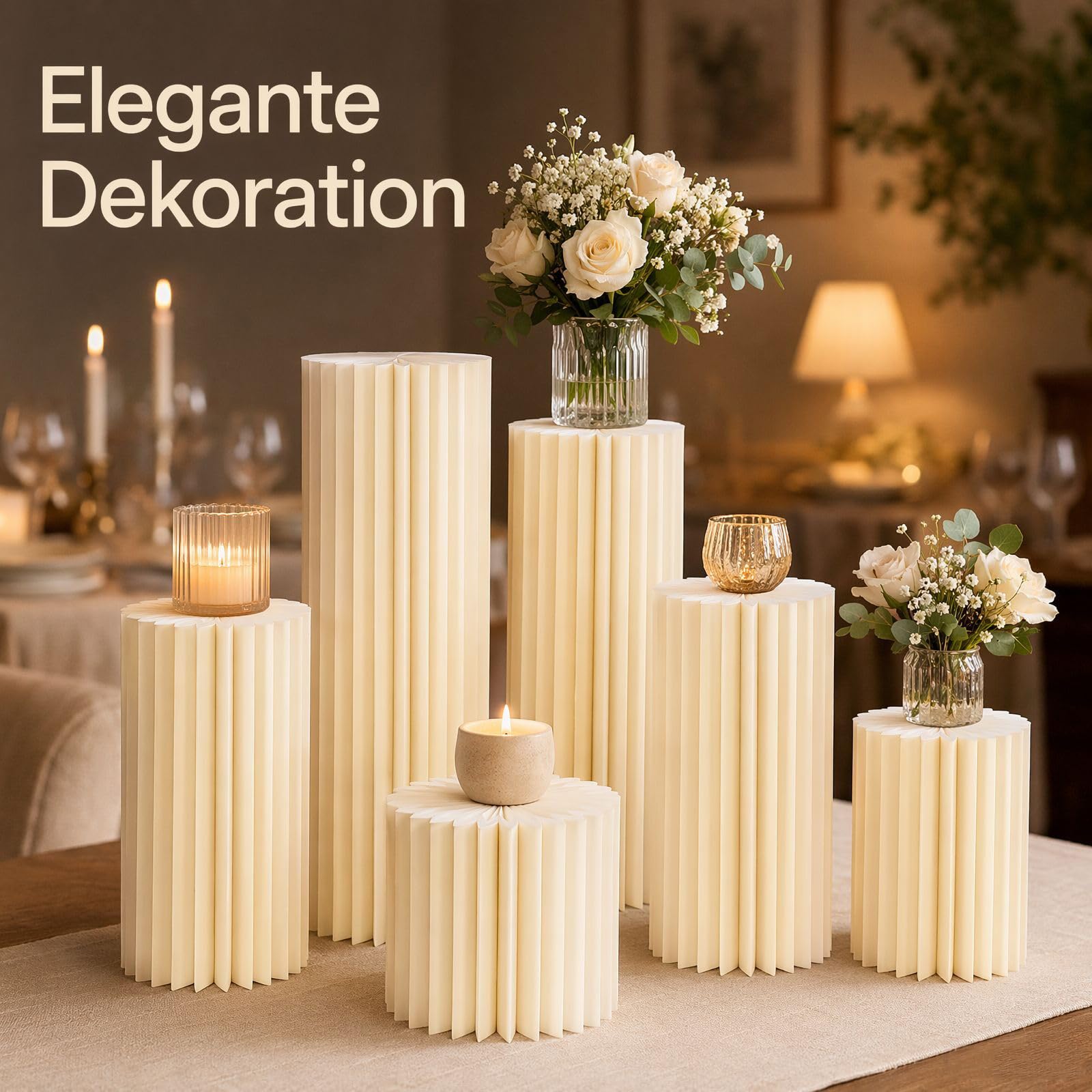 Blumenständer Hochzeit 5 Stück, Faltbare Dekosäulen aus Karton mit PVC-Platten, Tragfähigkeit 50kg pro Säule, Weiße Display-Papiersäulen für Geburtstag, Party & Feierlichkeiten
