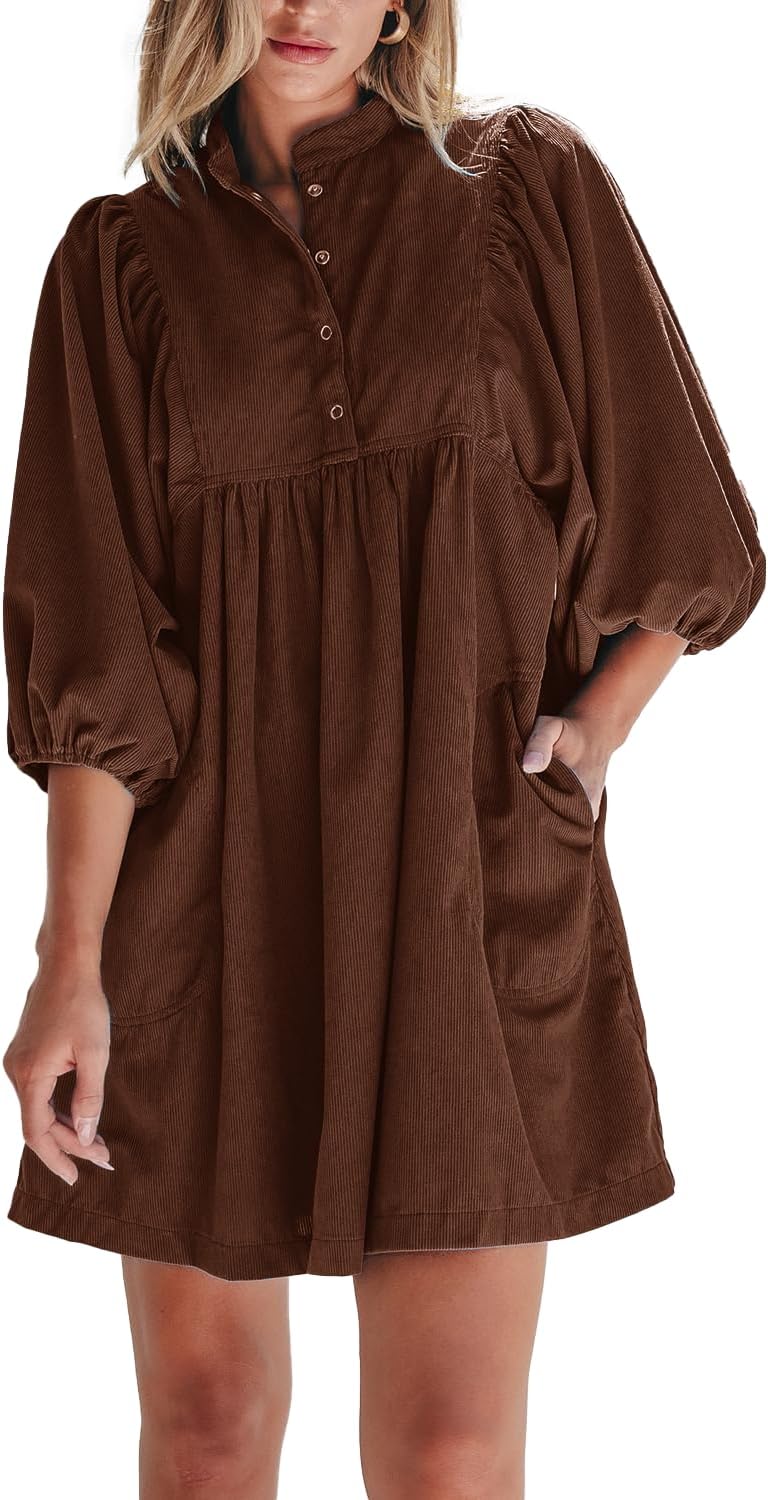 Womens Casual Dresses Corduroy Button Up Empire Waist 3/4 Sleeve Fall Winter Mini Babydoll Dress